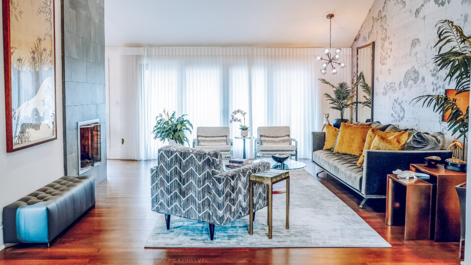 stunning, warm, interior designed living room in hillsdale new jersey